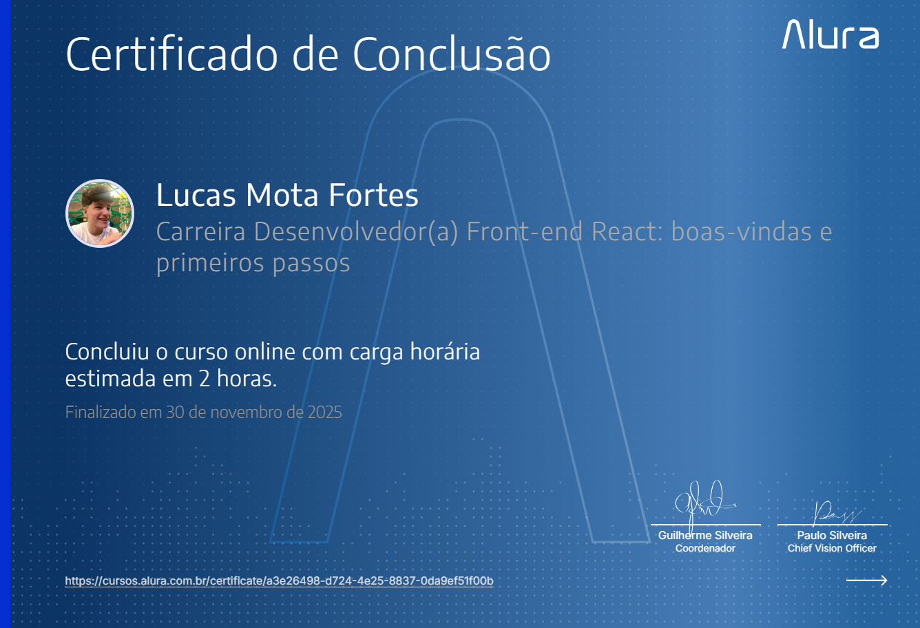 Certificado Alura - Carreira Desenvolvedor(a) Front-end React: boas-vindas e primeiros passos